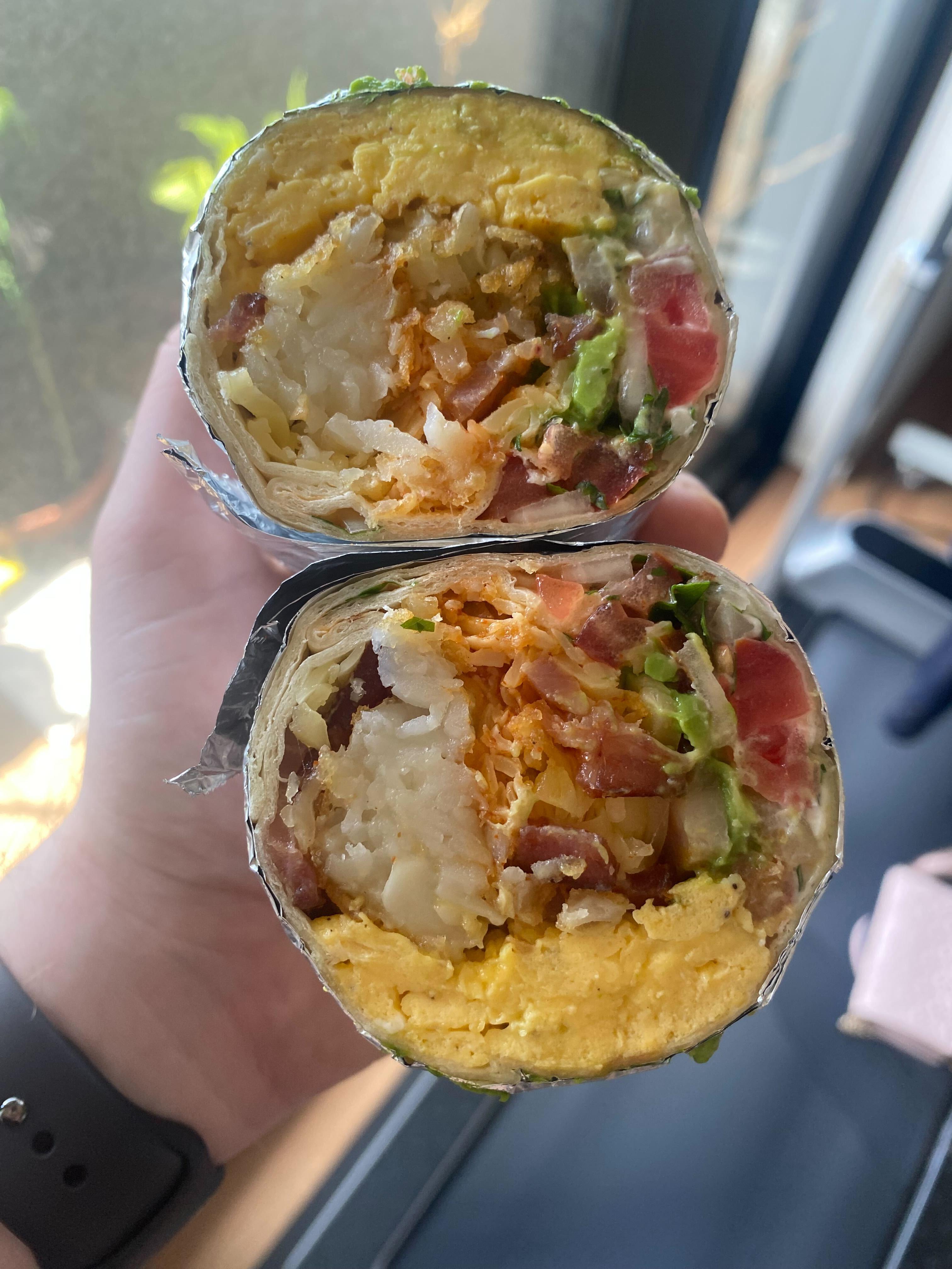 [Homemade] Bacon, Egg, Avocado, Tater Tot & Cheese Breakfast Burrito