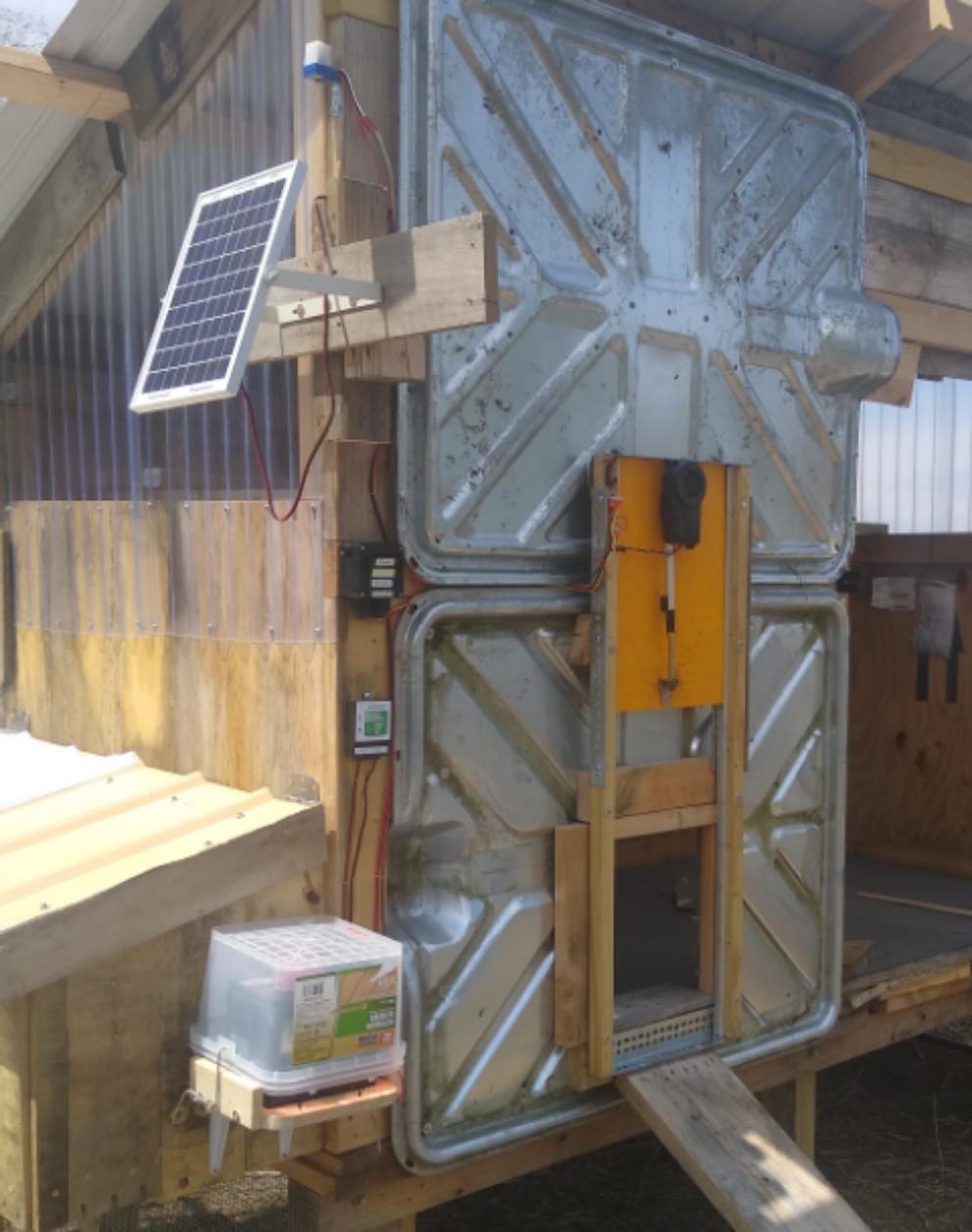 My fabricobbled solar automatic chicken door. r/Skookum