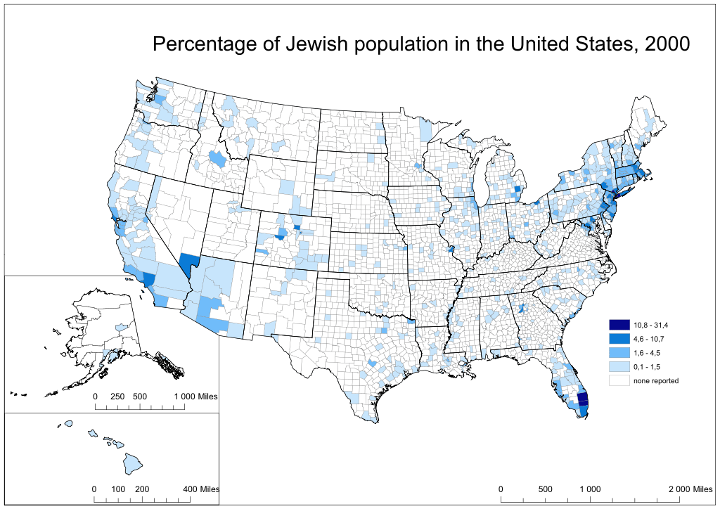 Percentage of Jewish population in the United States by county [1024 x