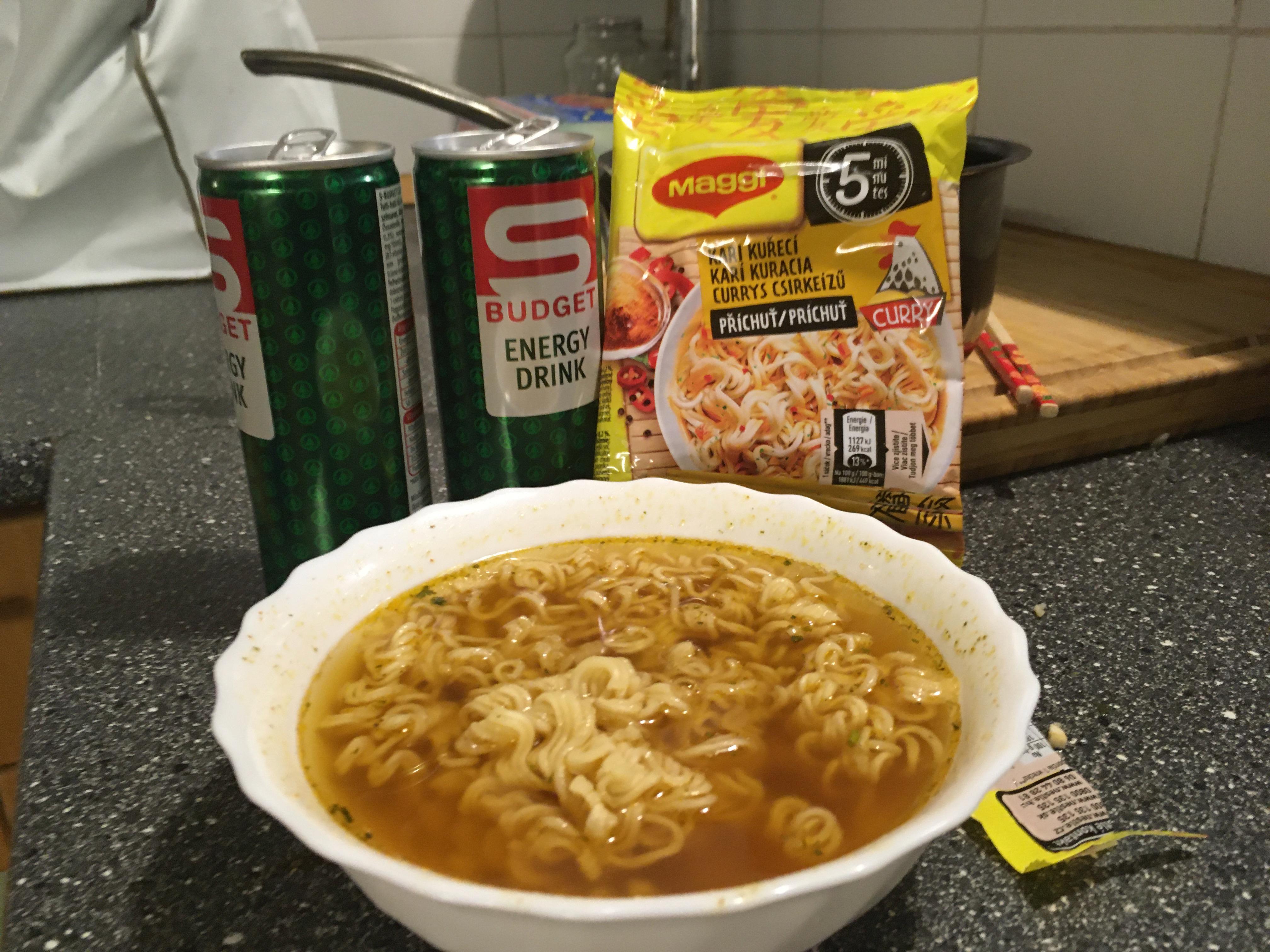 Making instant ramen with some cheap energy drink instead of water