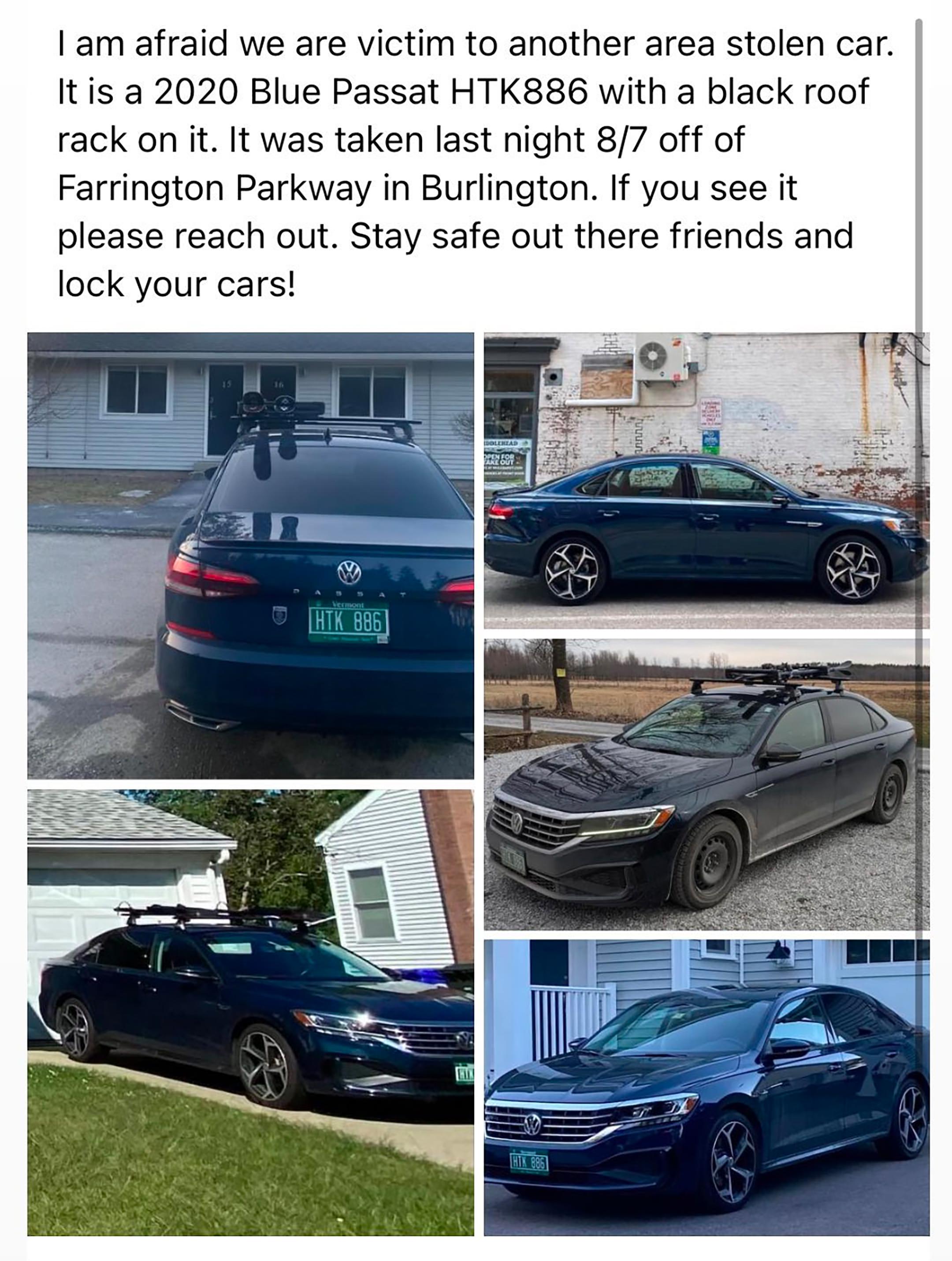 Stolen Vehicle Burlington Vermont Navy Blue 2020 VW Passat VT Plates HTK886 r/burlington