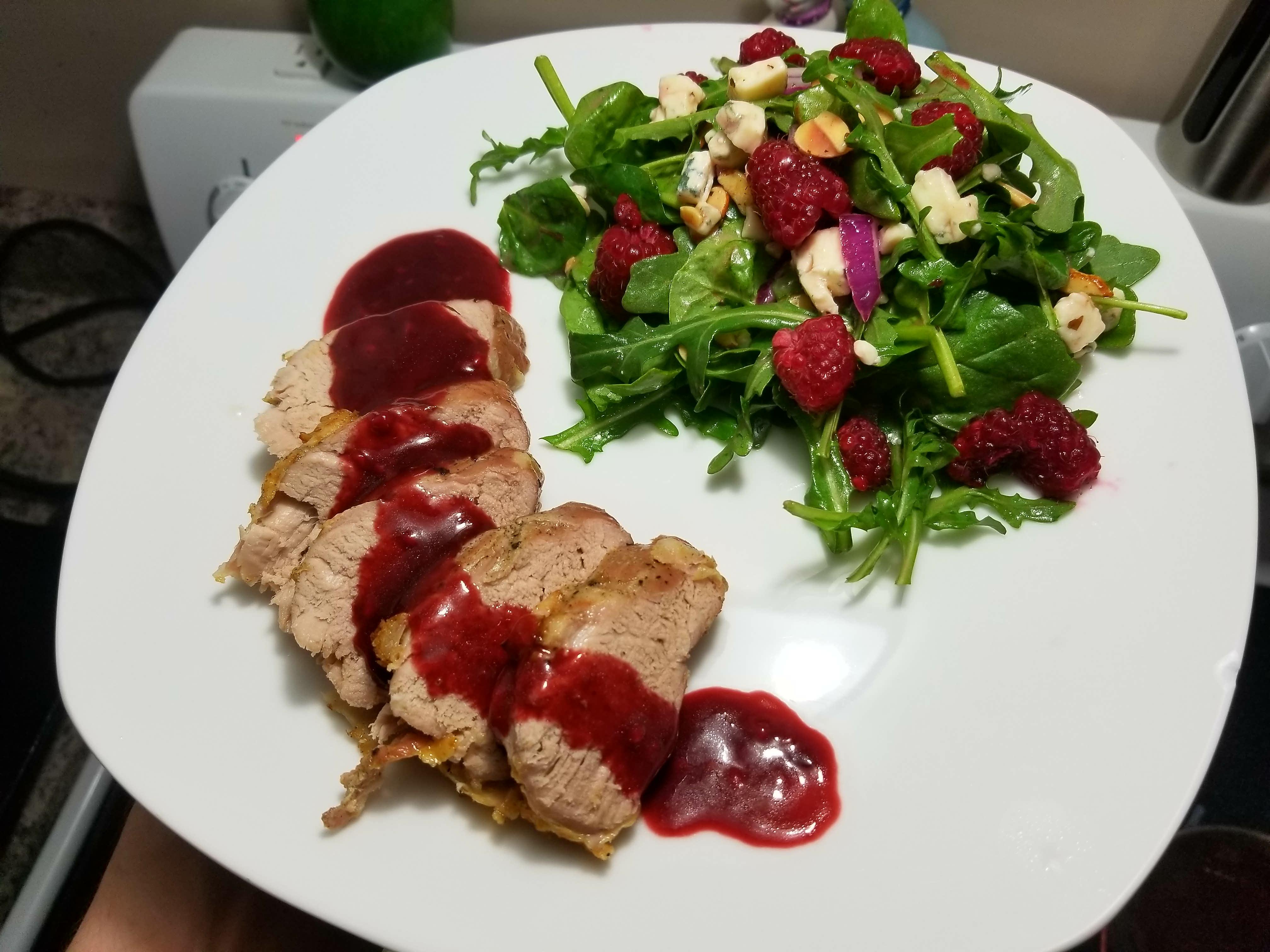 [Homemade] Pork Tenderloin with Raspberry Balsamic Sauce r/food