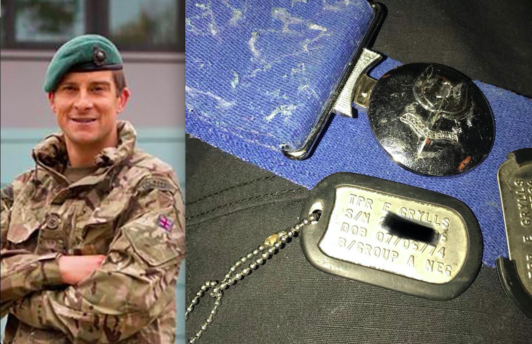 Trooper Bear Grylls' dog tags and Regimental Stable belt while serving