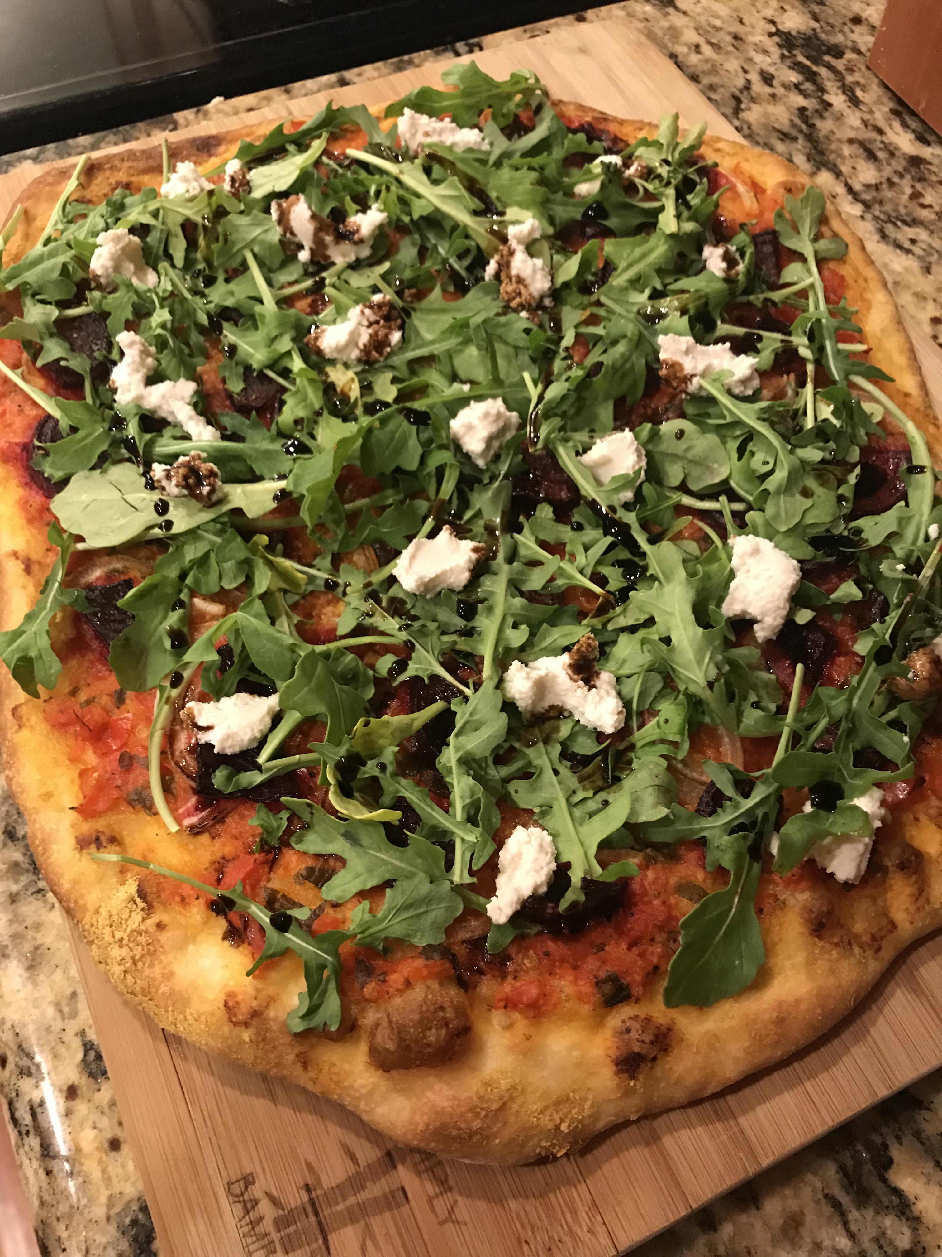 I made beet and arugula pizza with homemade almond burrata and red