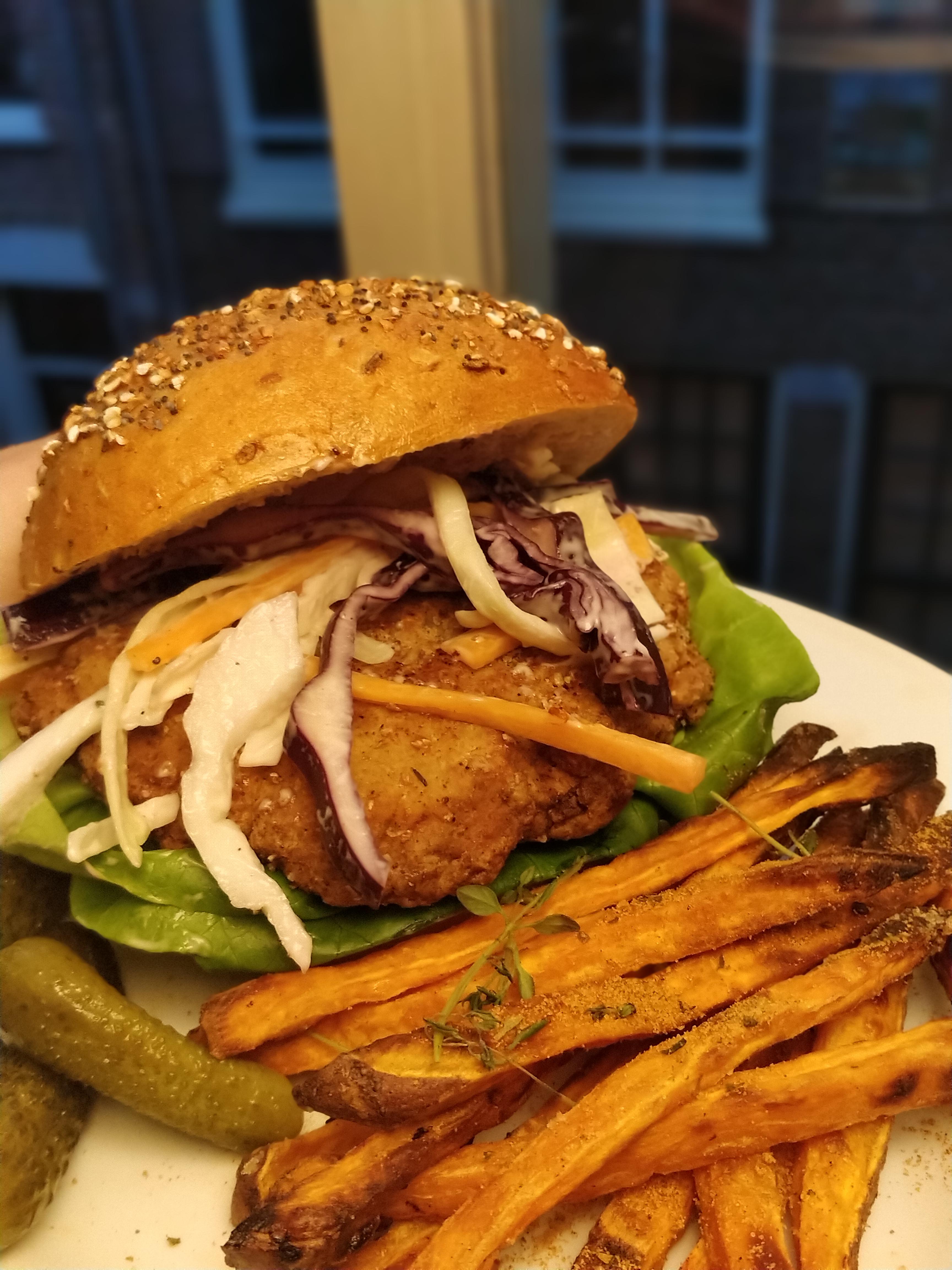 homemade (apart from the bun) seitan chicken burger and sweet potato
