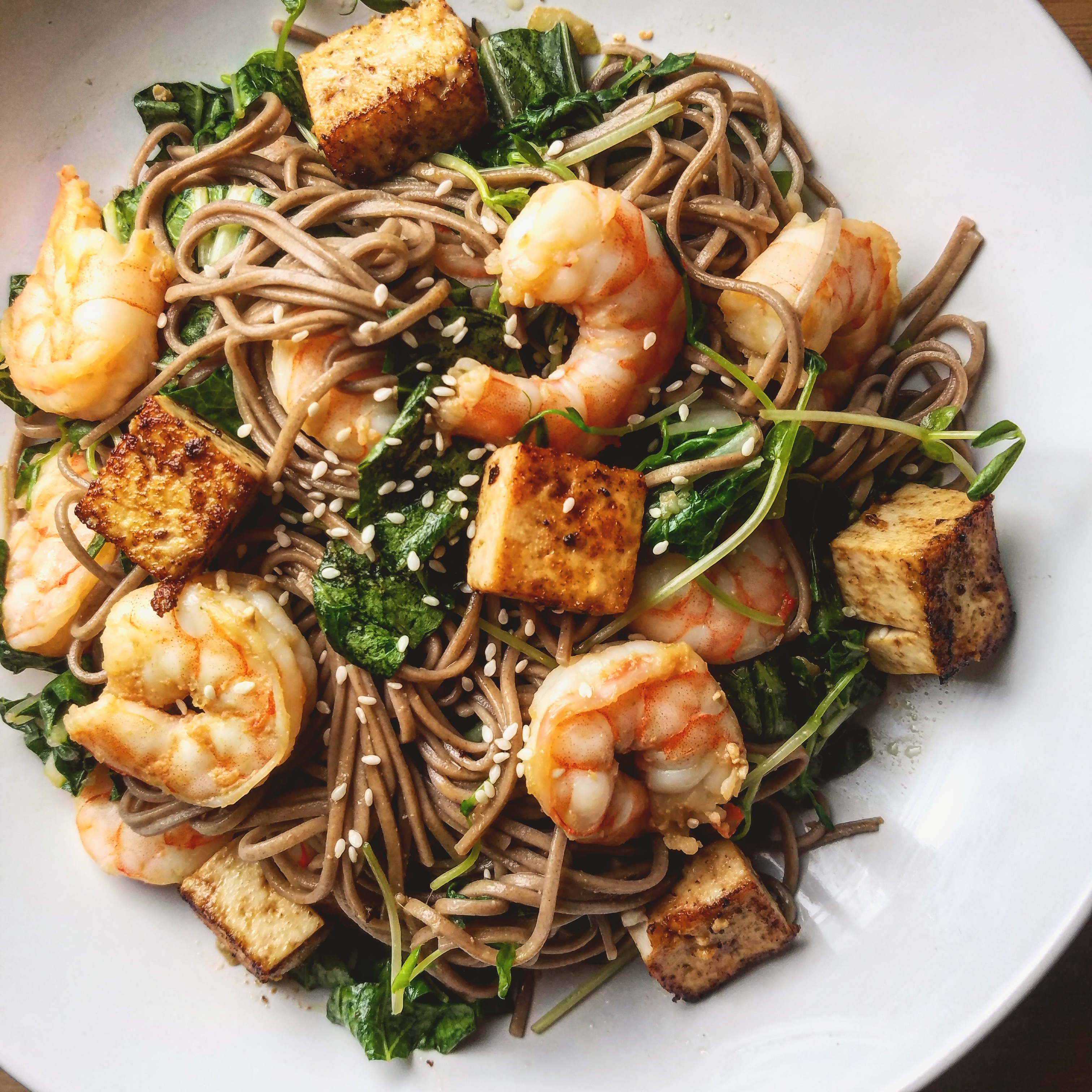 [Homemade] Soba Noodles with Shrimp, Tofu, Bok Choy, and Pea Shoots r