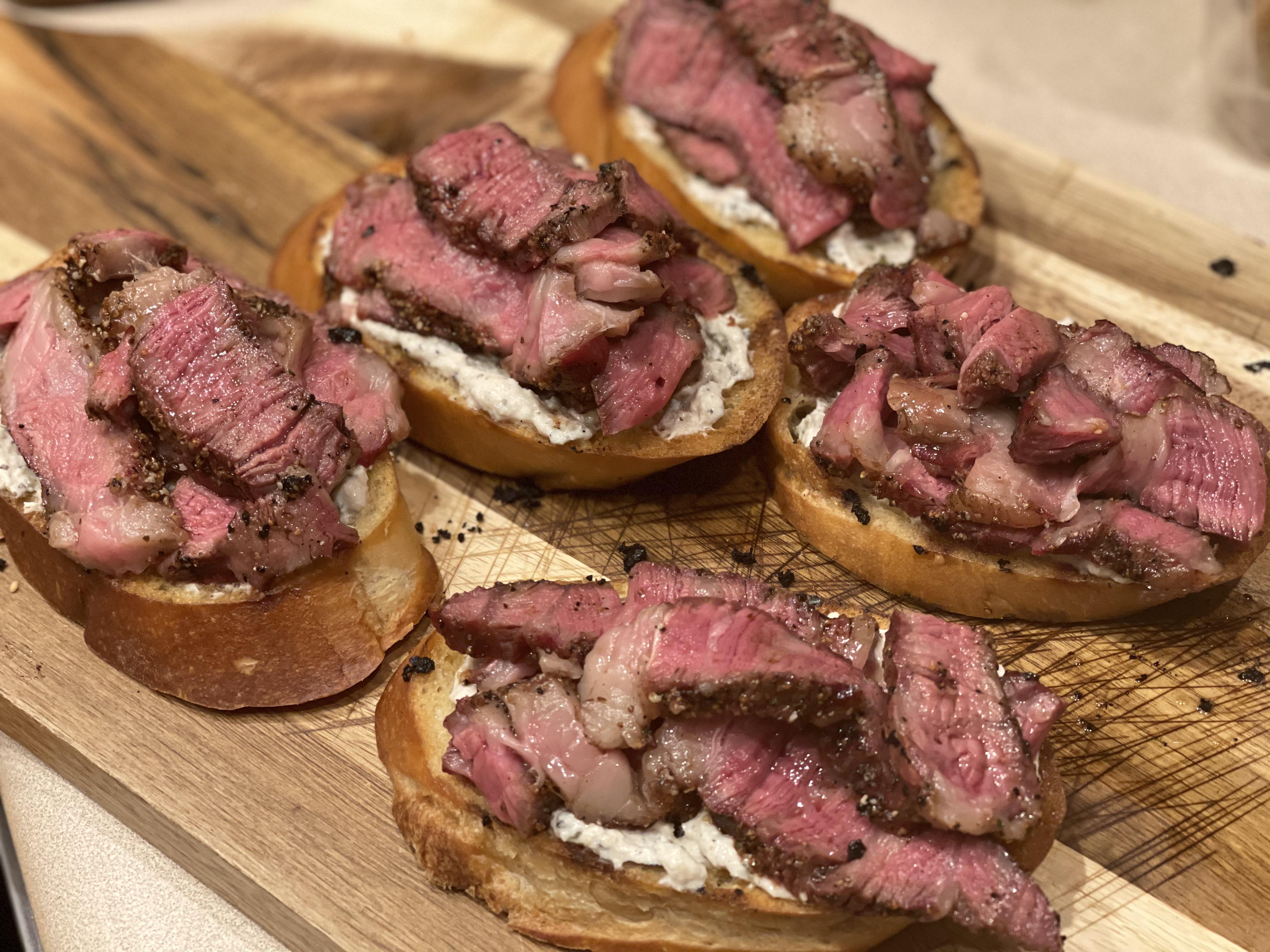Meat snacks, ribeye on top of toasted bagette with horseradish sour cream r/FoodPorn