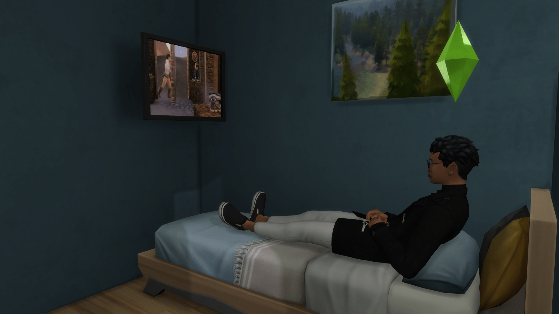 My sim relaxing in bed while watching TV (!!!) Thanks, new update r/Sims4