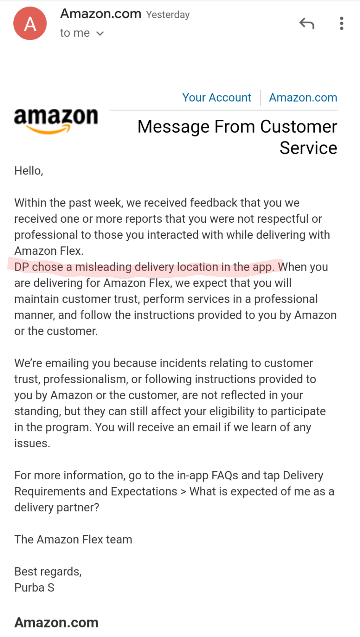 Got this email from Amazon, What does "DP chose a misleading delivery