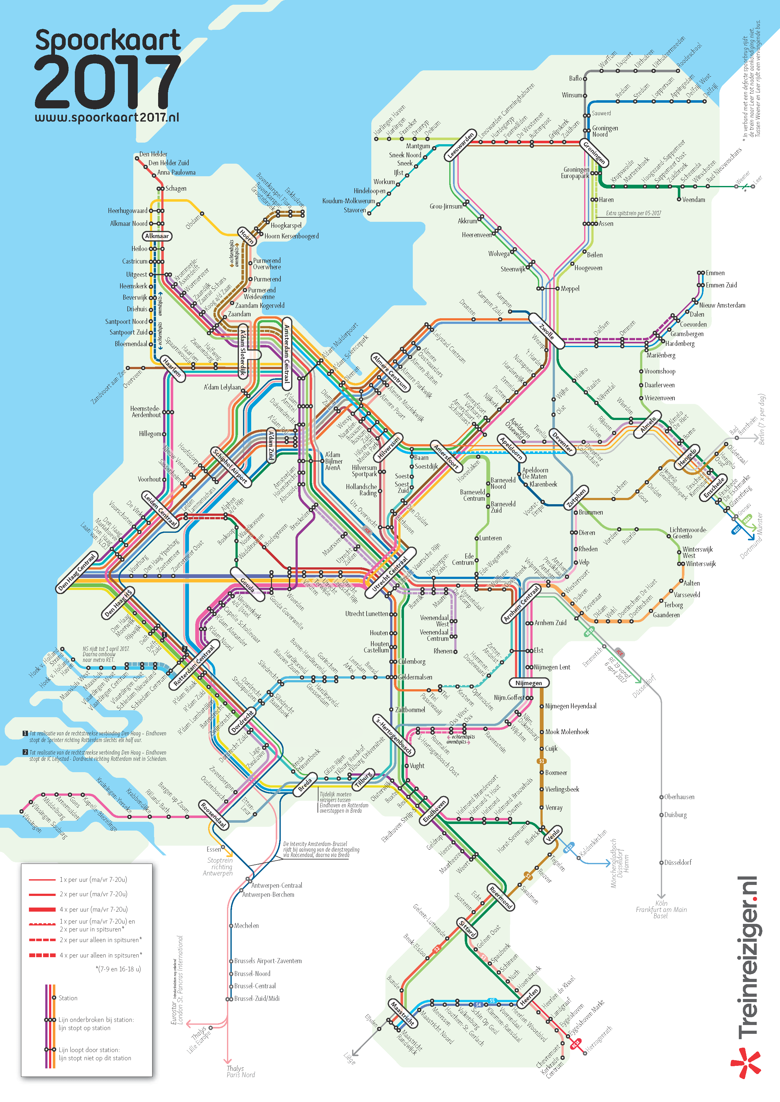 Kaart Nederlandse Spoorwegen Reisplanner Spoorkaart 2017 grafische weergave van de dienstregeling op het spoor