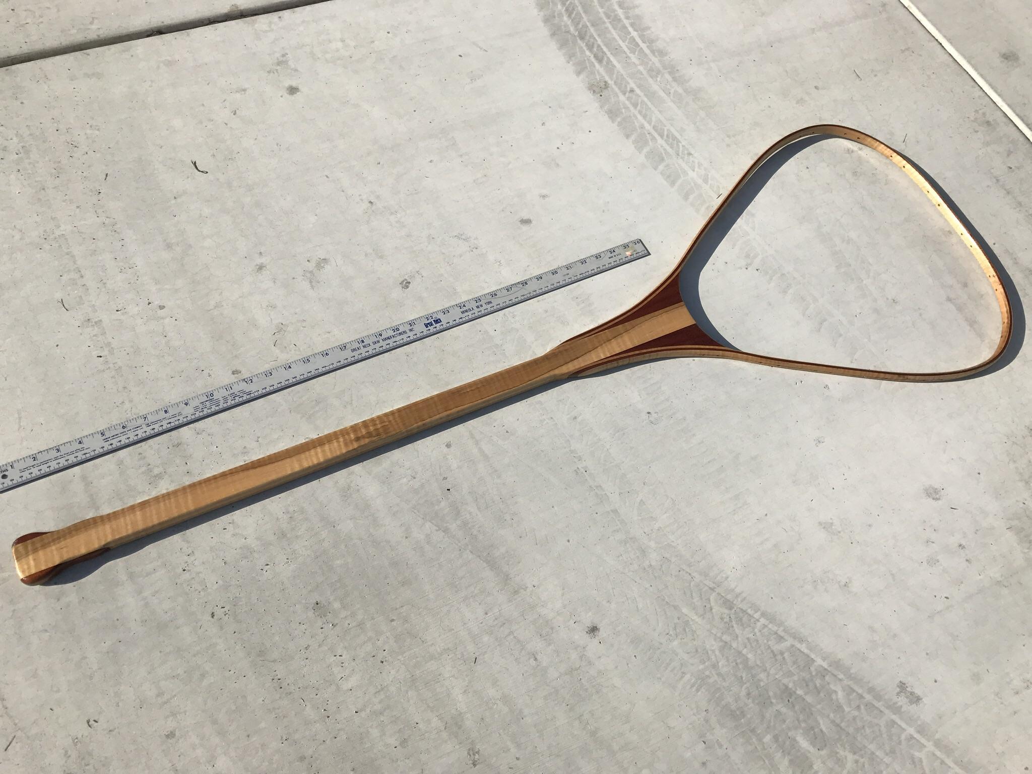 Handmade fishing net made out of curly maple and mahogany. r/woodworking