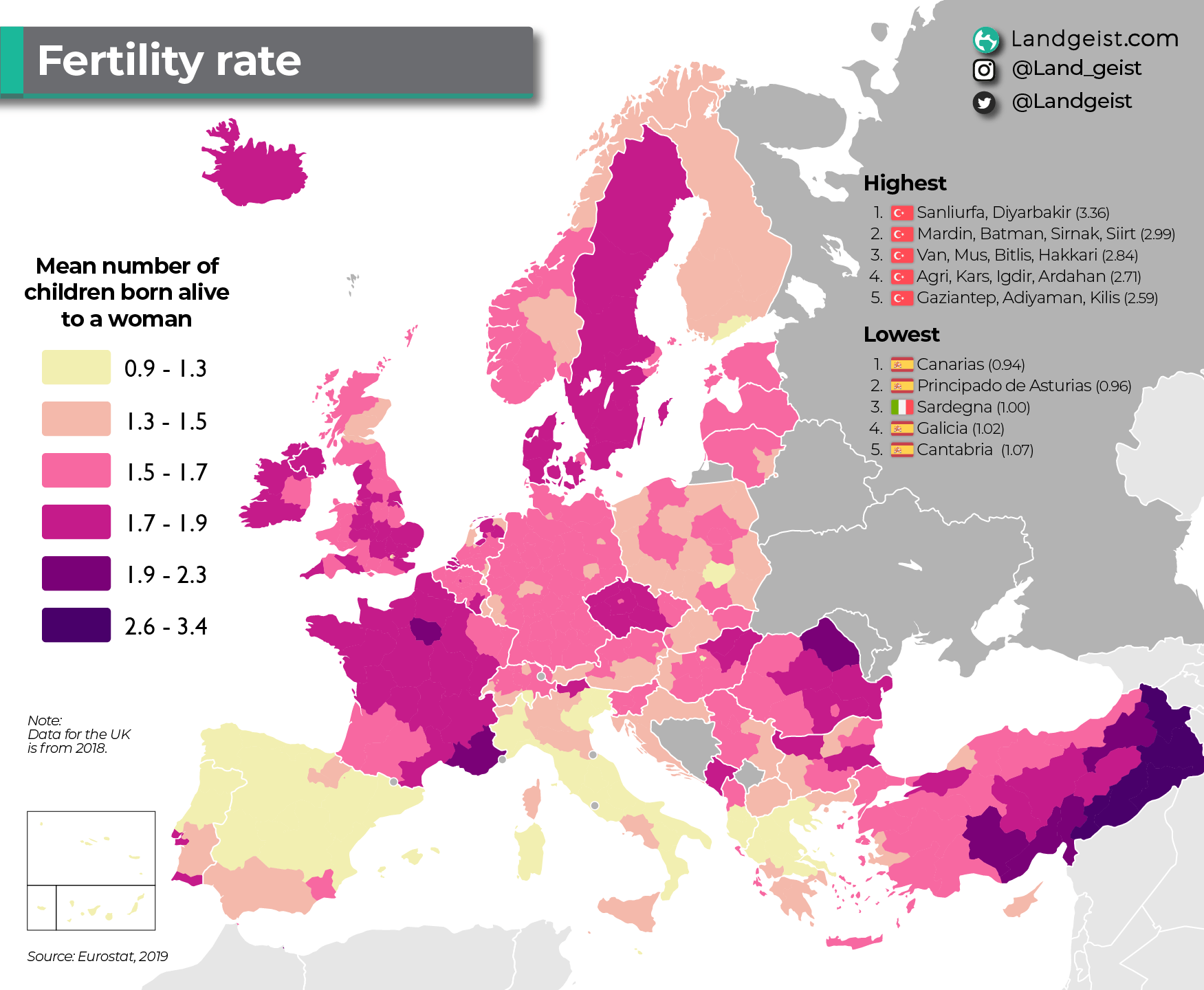 Fertility rate across Europe r/partilhando