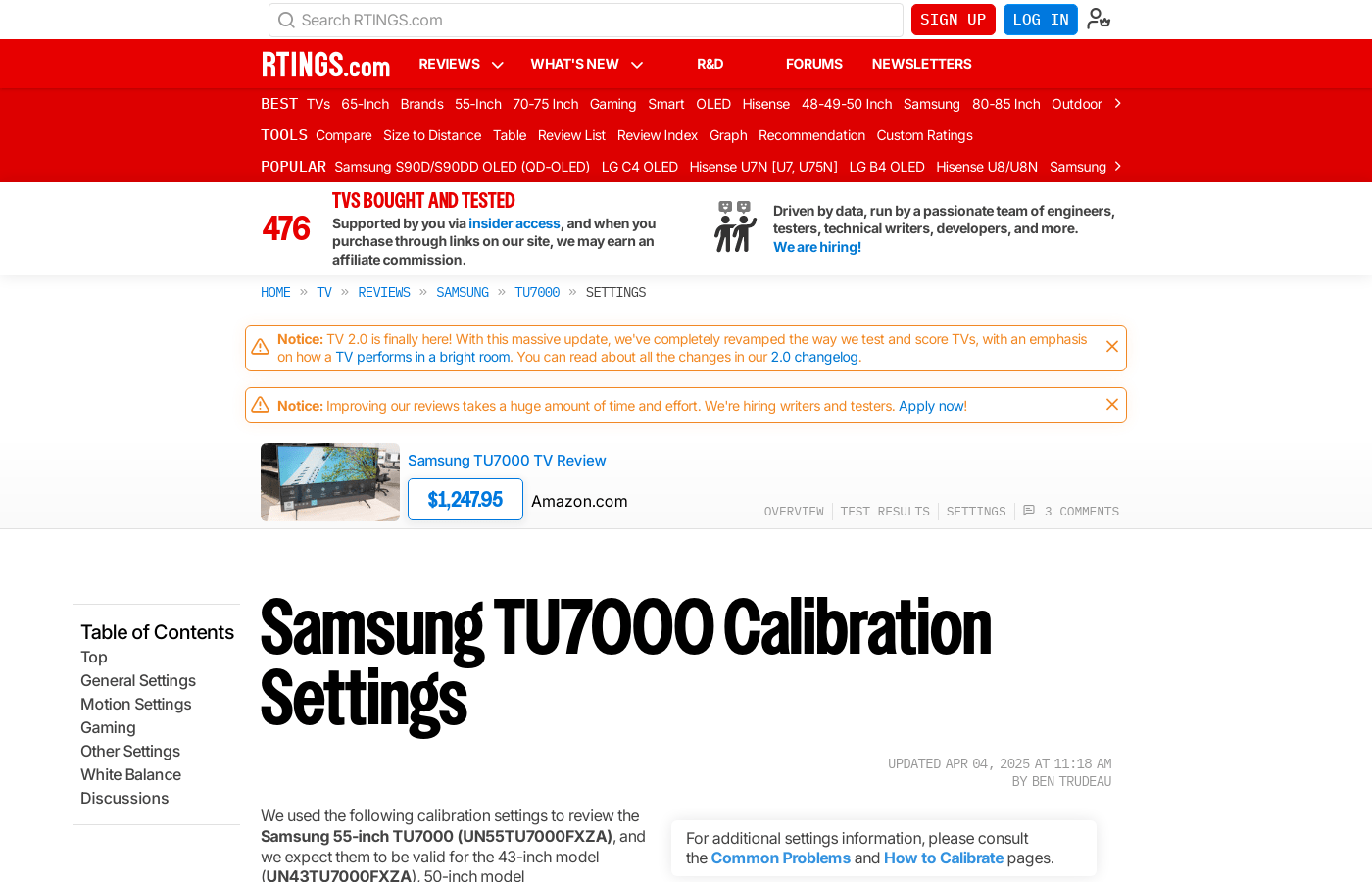 Samsung TU7000 Calibration Settings