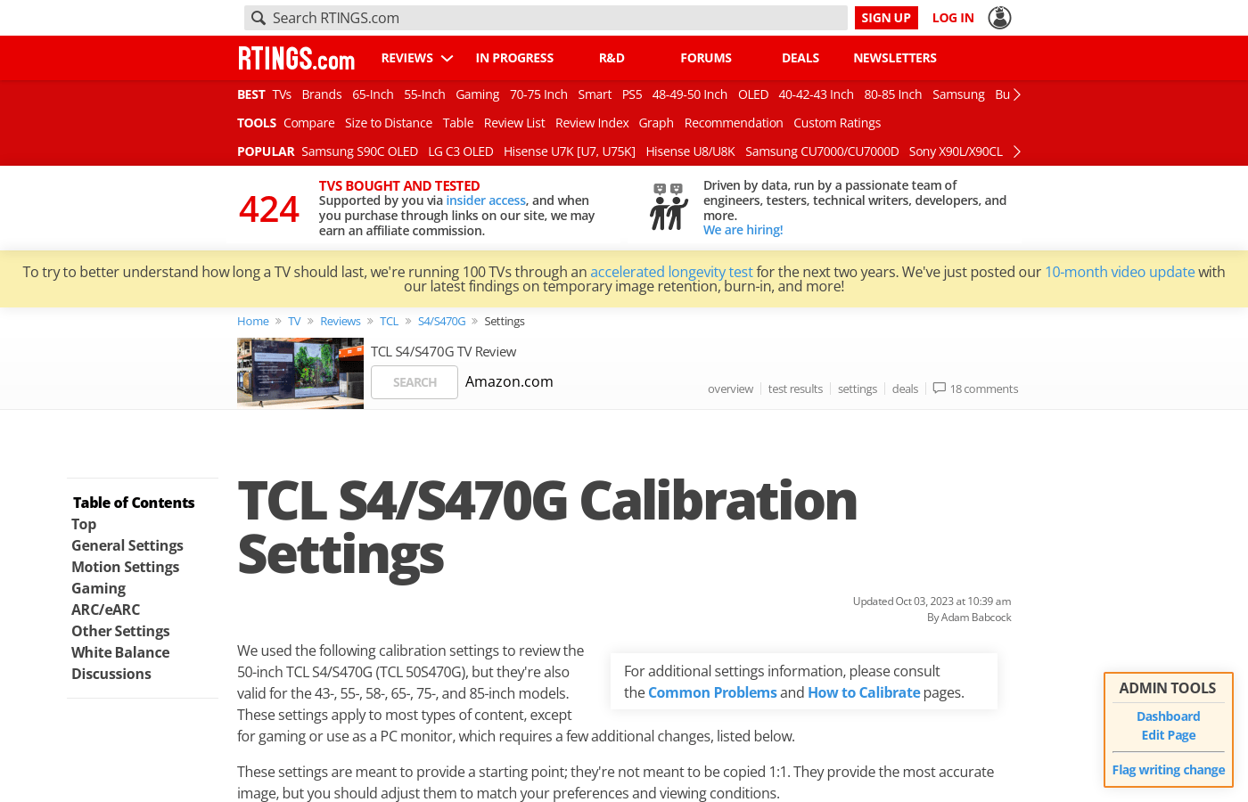 TCL S4/S470G Calibration Settings