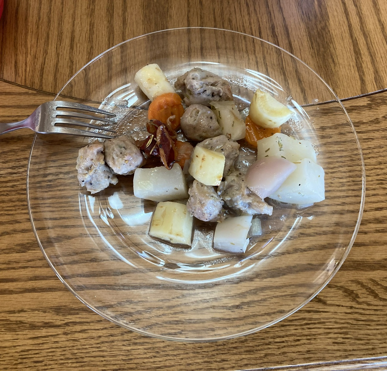 Baked root veg with sausage — davepolaschek