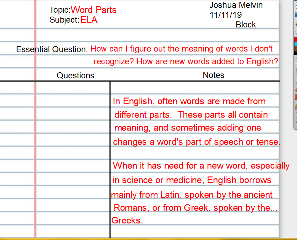 Prefix, Roots, and Suffix Cornell Notes (Test 11/26) Mr. Melvin's 6th