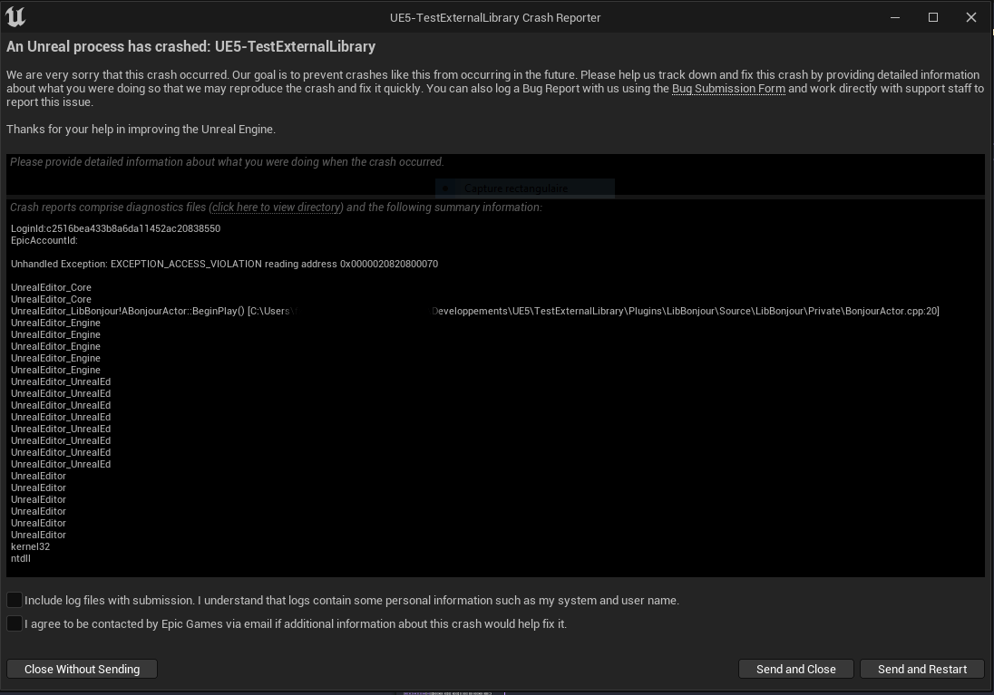 c++ Unreal Engine Crashes, Hello World in Third Party Library