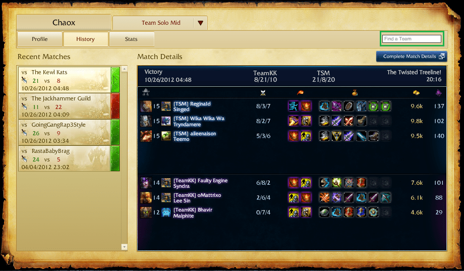 league of legends - How can I check a team&rsquo;s match history? - Arqade
