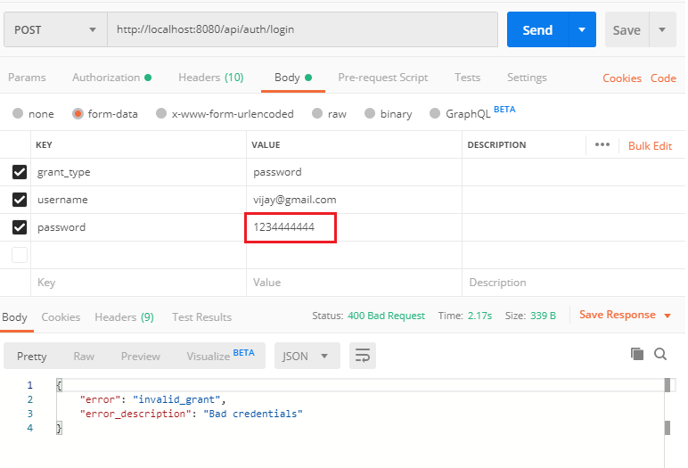 java "error" "invalid_grant", "error_description" "Bad credentials