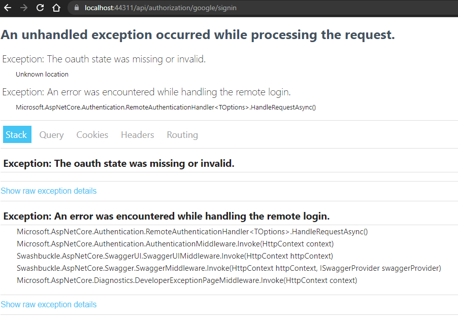 c with Google authentication throws error on callback The