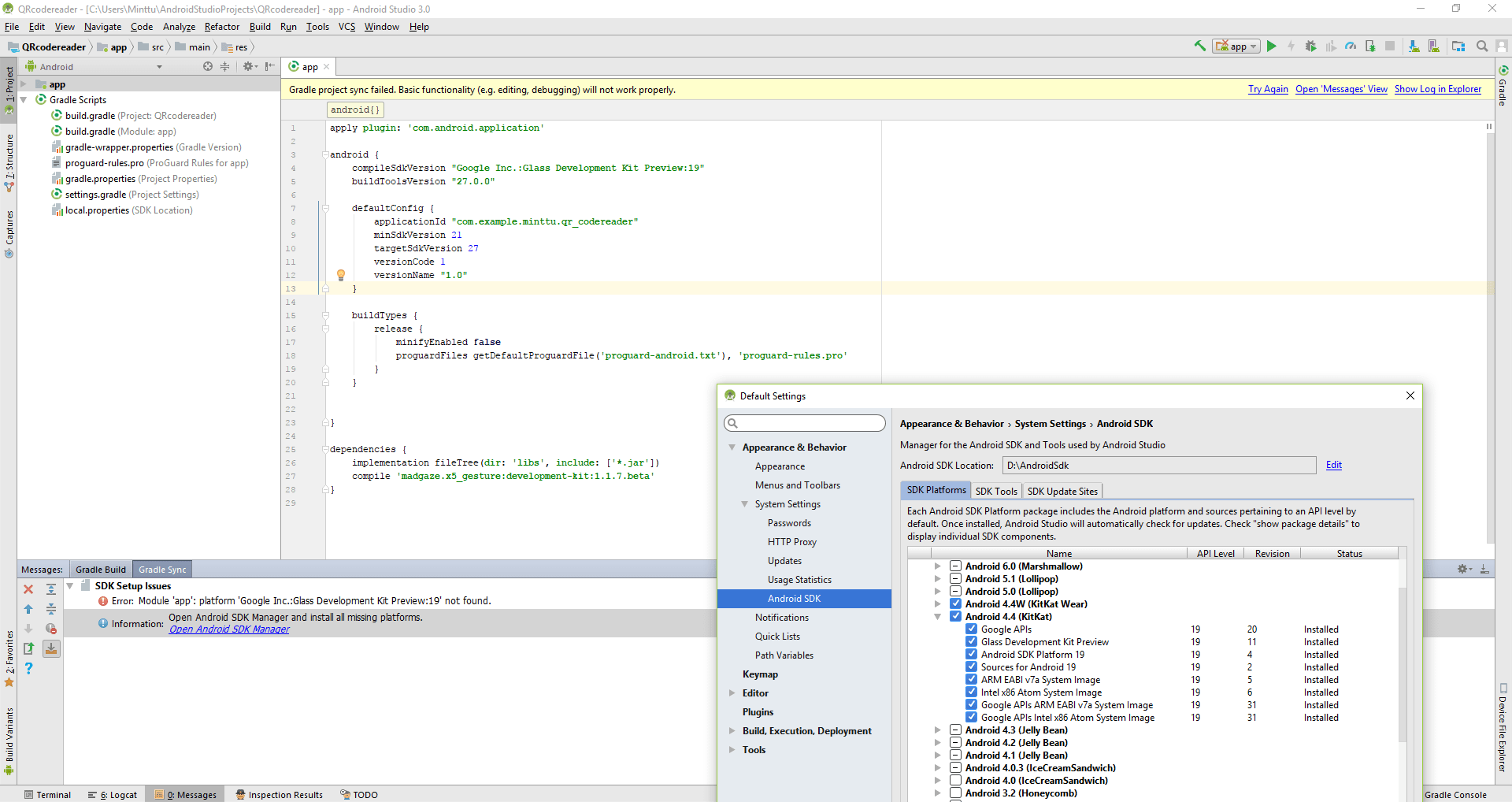 Glass development kit preview installed but not found in Android studio