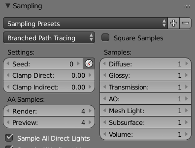 cycles render engine - Minimum number of samples for the Branched