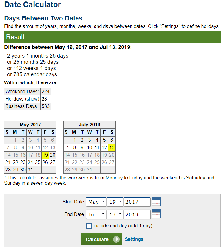 Calculate Weekends Between Two Dates Calendar Online 2019