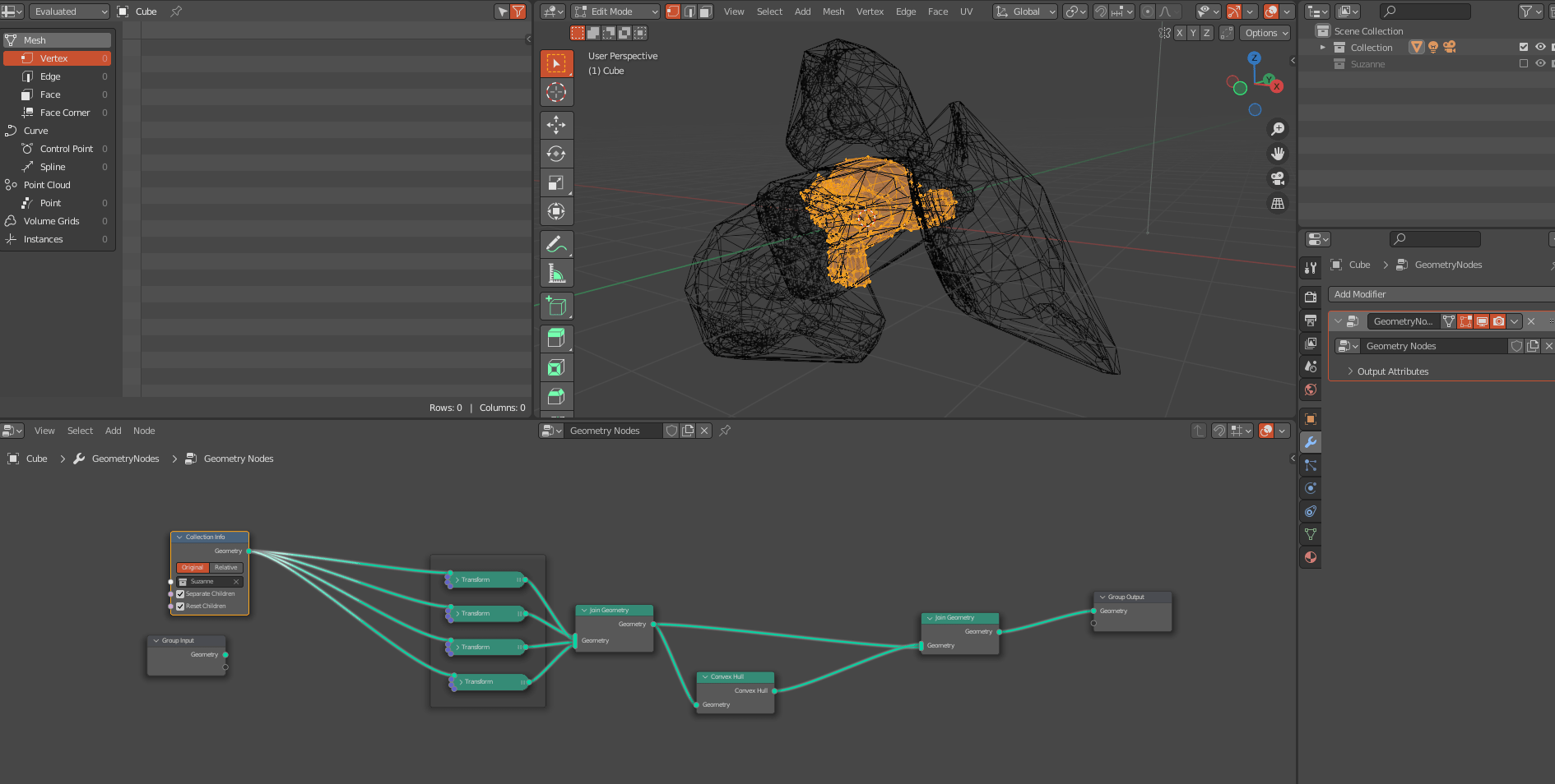 How to use Convex Hull on Geometry from collection info? Blender