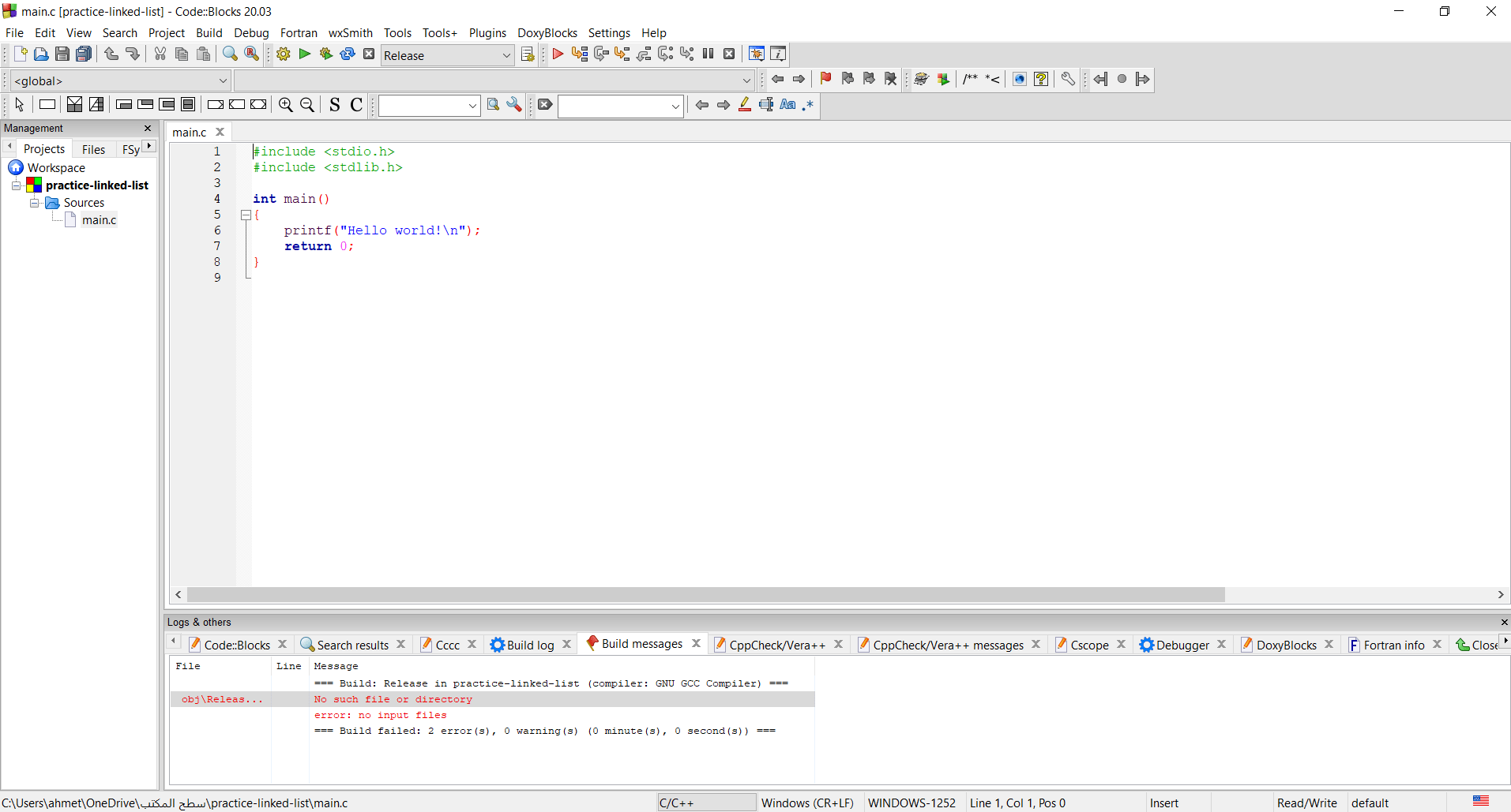 gcc code blocks error no input files. C code Stack Overflow