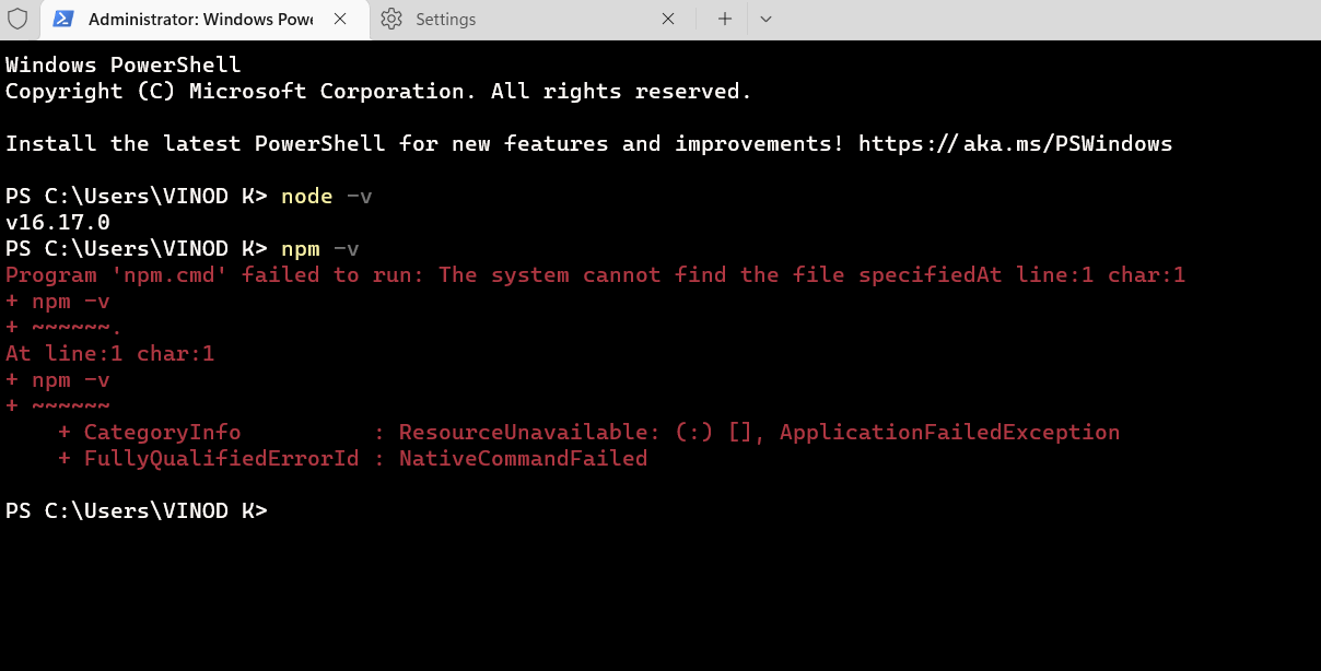 node.js npm is not working properly? 'npm.cmd' failed to run The