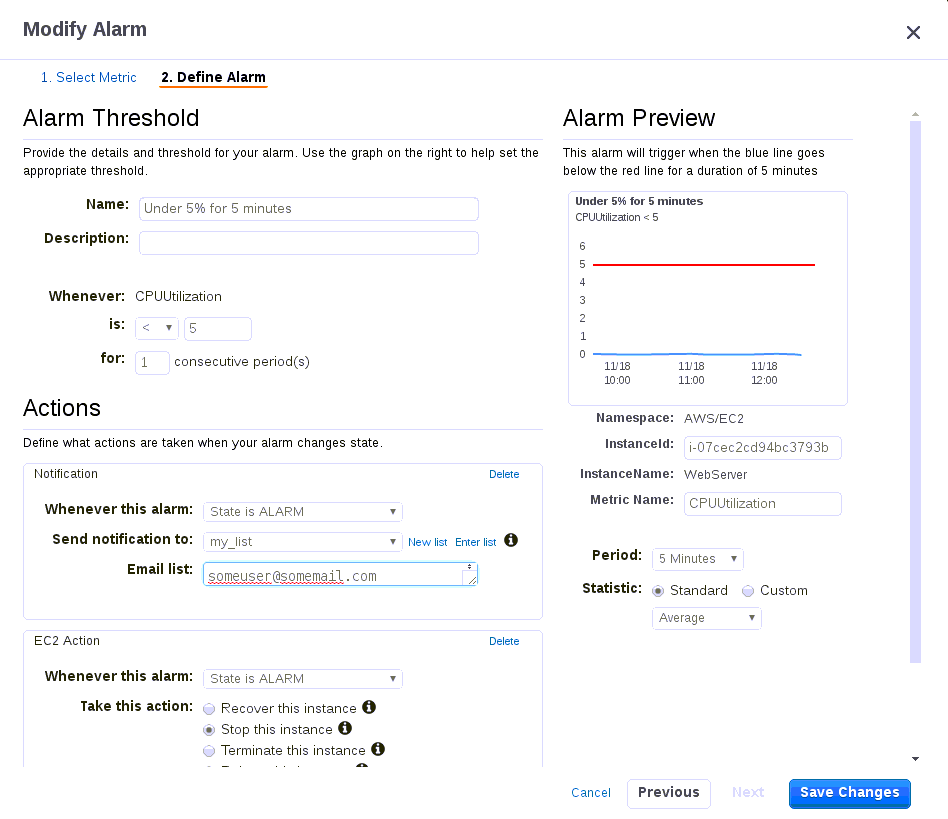 amazon web services AWS Cloudwatch Alarm not stopping EC2 instance
