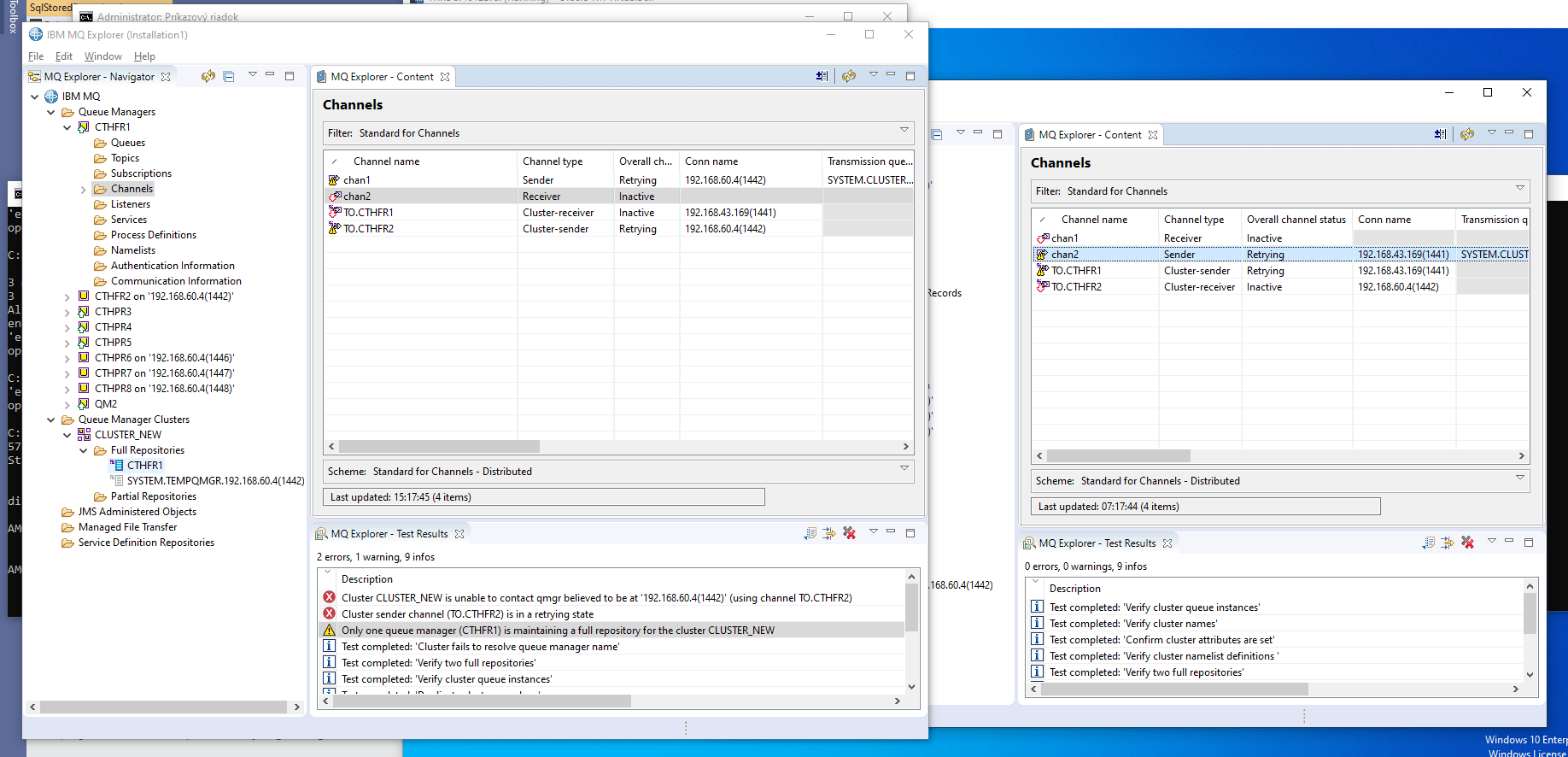 virtual machine IBM MQ cluster sender channels between 2 FR keep