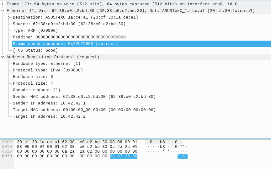network programming C CRC32 checksum does not match Wireshark on