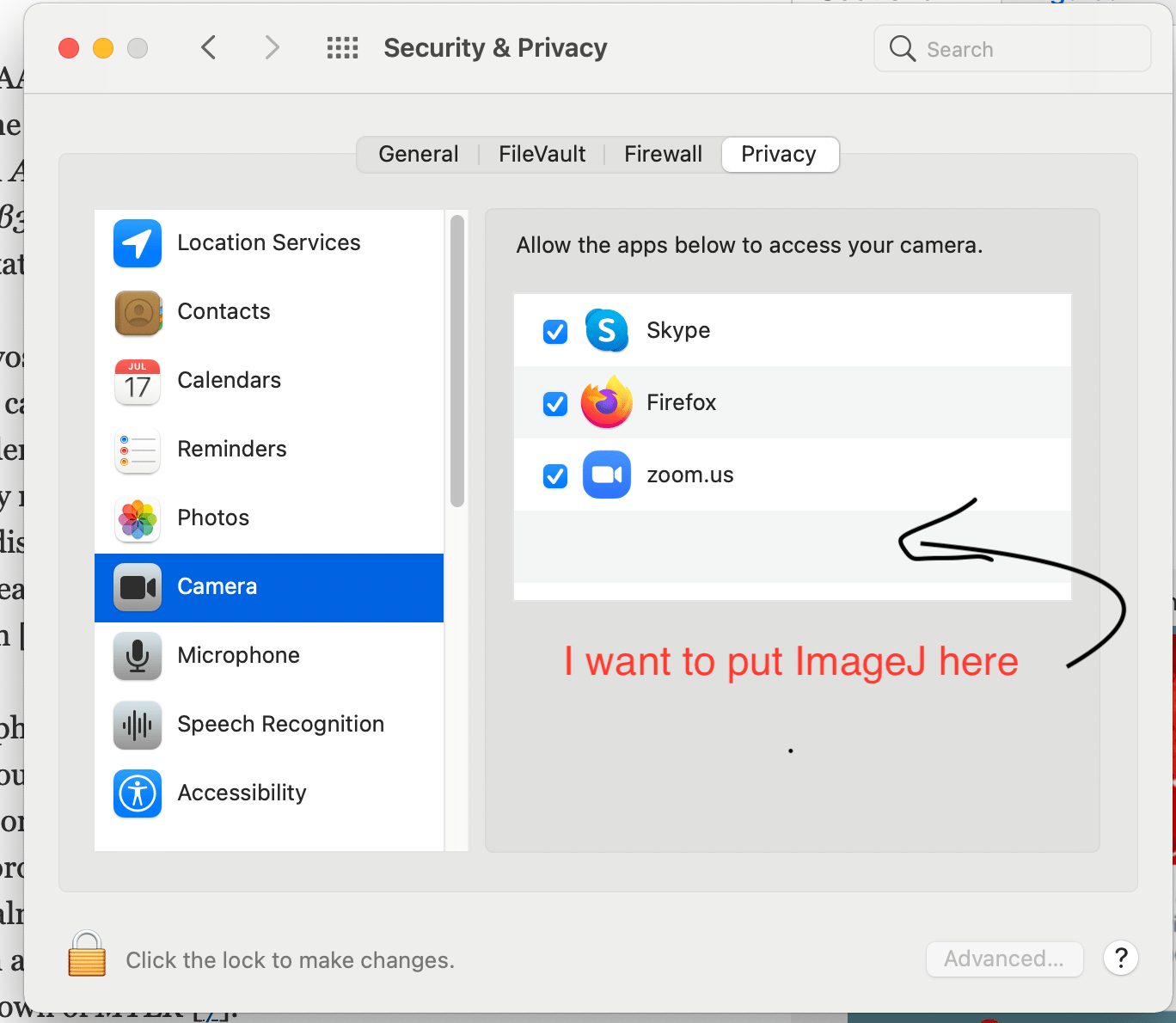 webcam How to add ImageJ to list of apps that can access system's