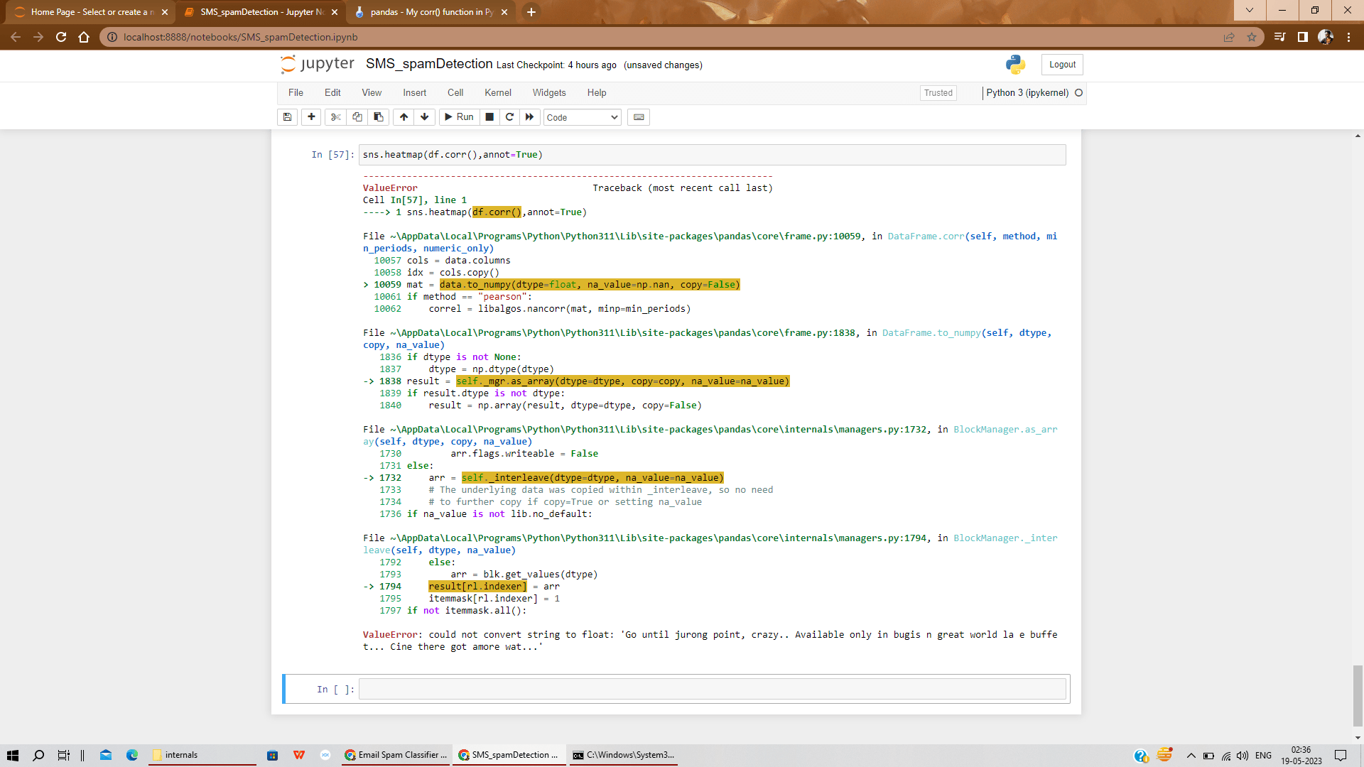 machine learning - corr() is giving an error. please help out of 