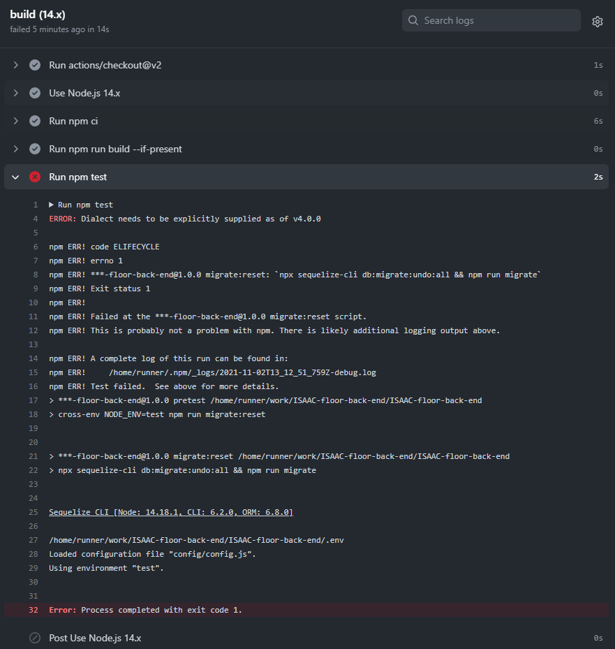node.js Nodejs actions testing via Github not working, because