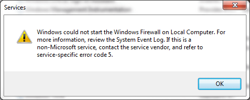 services - Windows could not start the Windows Firewall on Local 