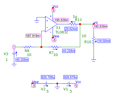 operational amplifier - Output of op-amp in Multisim and CircuitLab