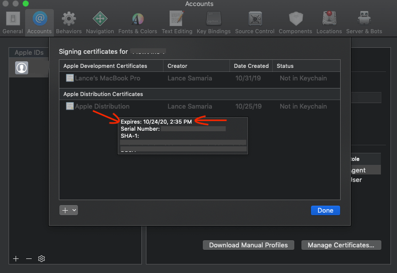 Xcode Certificate status says "Not in Keychain" but the Certificates