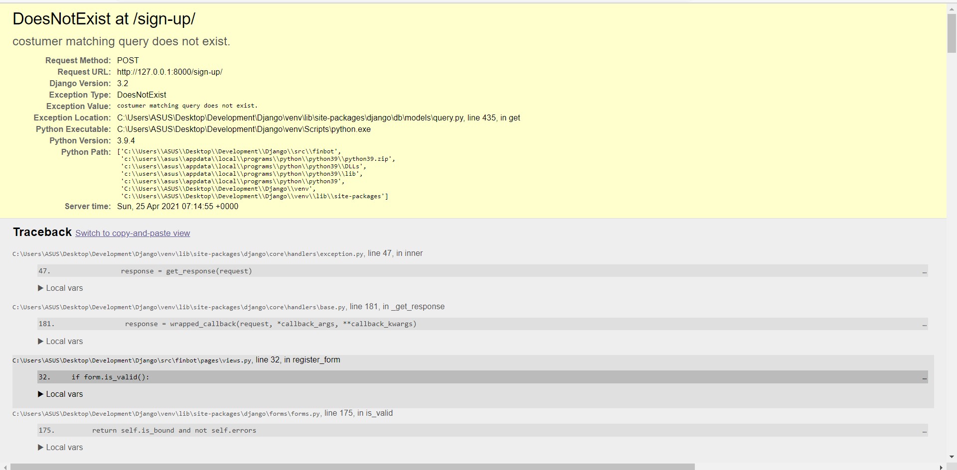 python Customer matching query does not exist