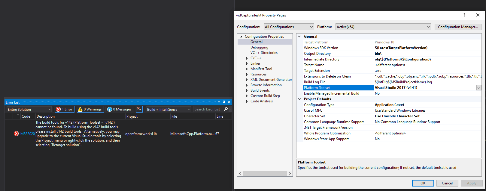 c++ Visual Studio 2017 build tools for v142 cannot be found error