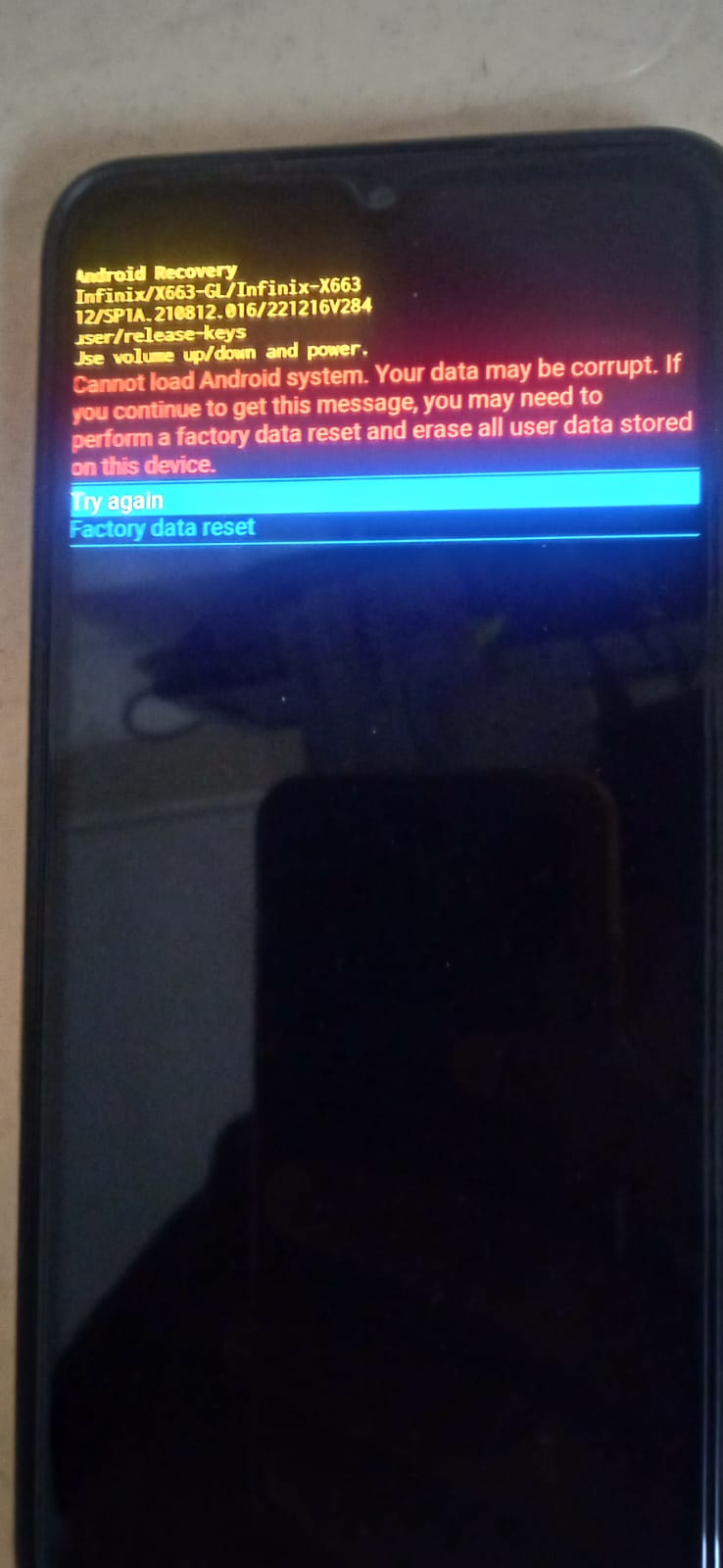 reset - Infinix Android showing error - Cannot load Android System 