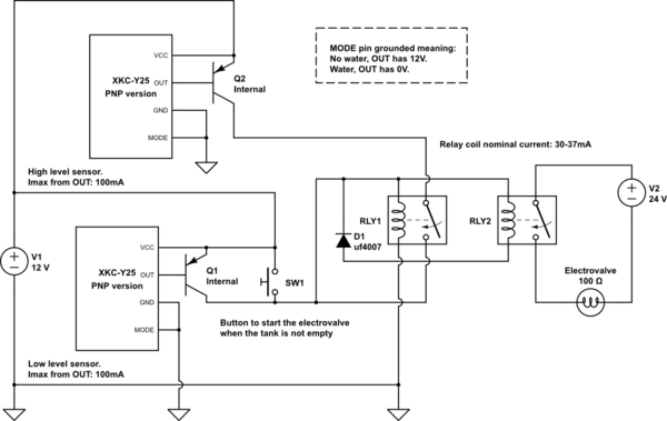 Latching relays for a water pump with two XKC-Y25 sensors - Electrical