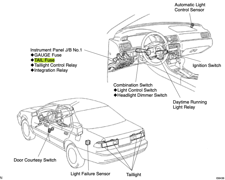 Diagnostic procedure for `98 Camry Night-running Tail-light failure