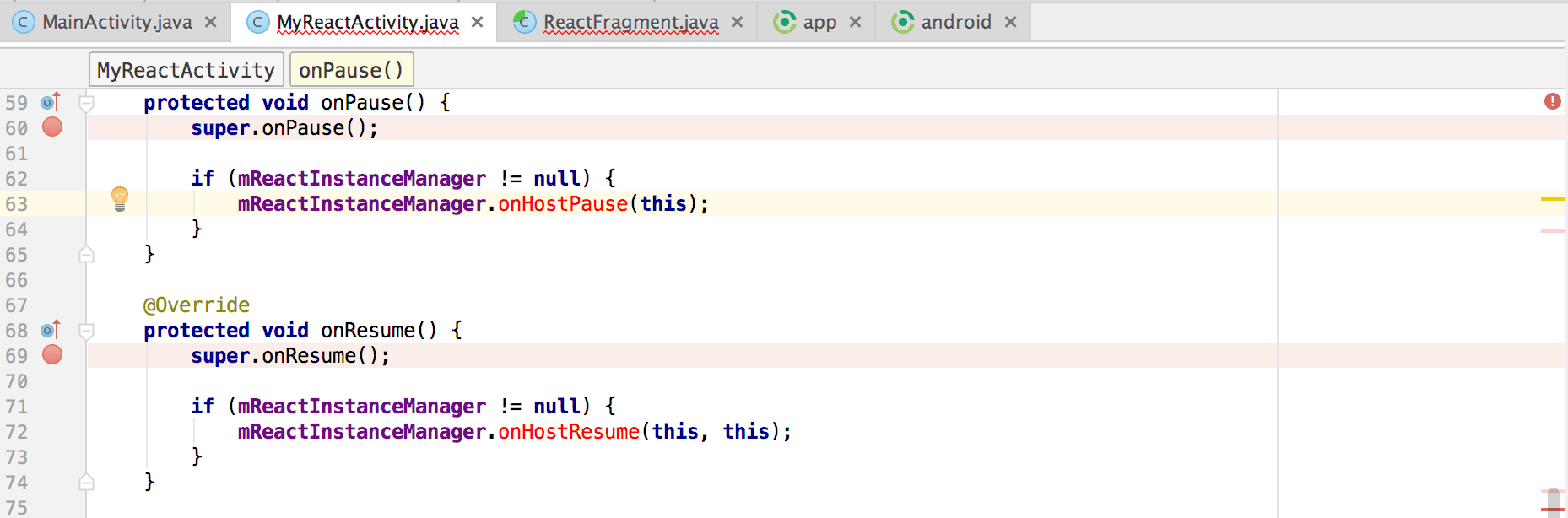 javascript React Activity OnHostPause/OnHostResume methods throw