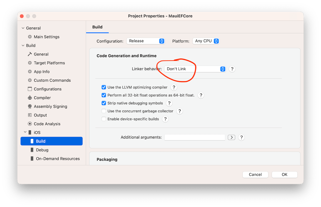 What trimming/linker settings are needed for Entity Framework Core in