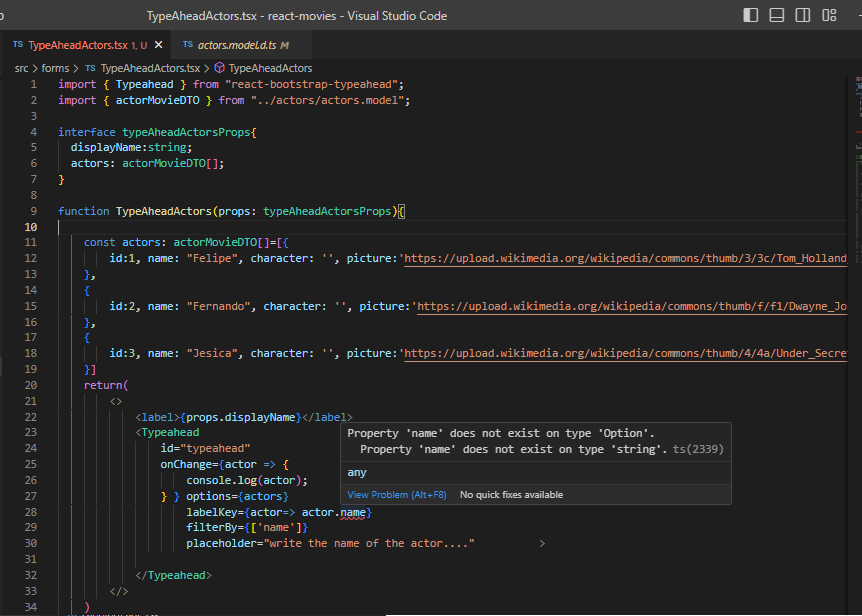 reactjs Typeahead error Property 'name' does not exist on type