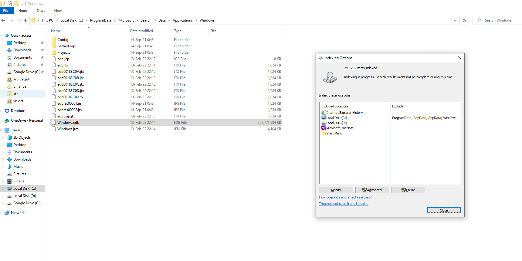 Why my windows search index is 255 GB in size and how do I reduce 