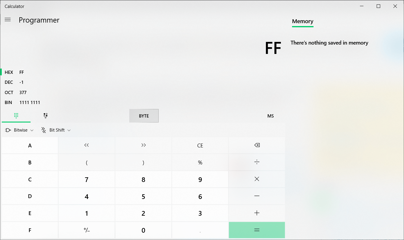 Windows 10 Calculator to compute the Two's Complement value of a Binary