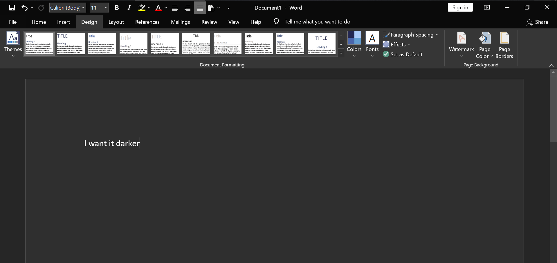 colors Full darkmode in Microsoft Word (2016) dark page background